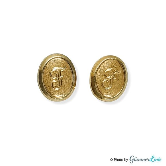 Vintage Letter F Monogrammed Oval Gold Tone Stud Earrings - Picture 4 of 10